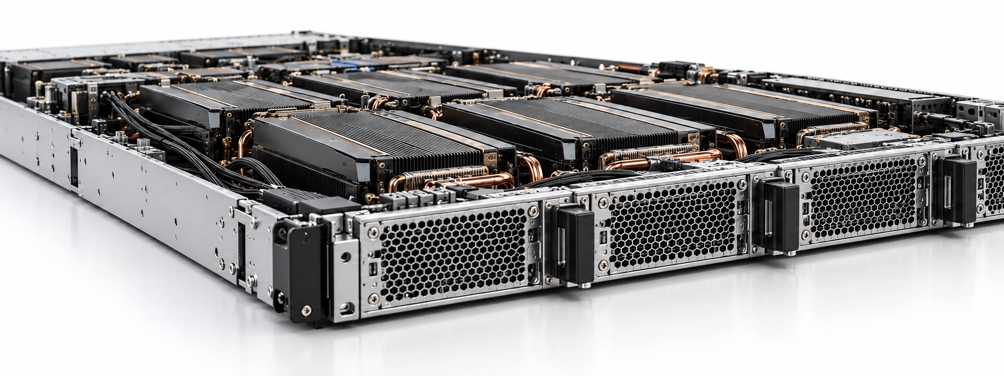 Detailed GPU server tray with aluminum chassis, black heatsinks and copper cooling pipes